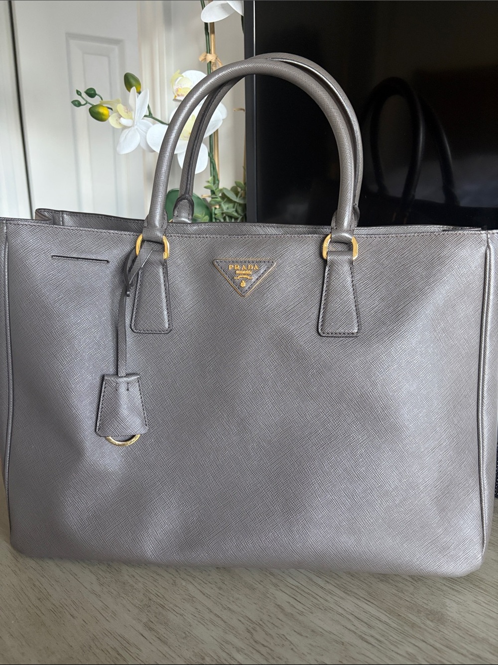 Prada Metallic Gray Saffiano Leather Tote with Gold Hardware